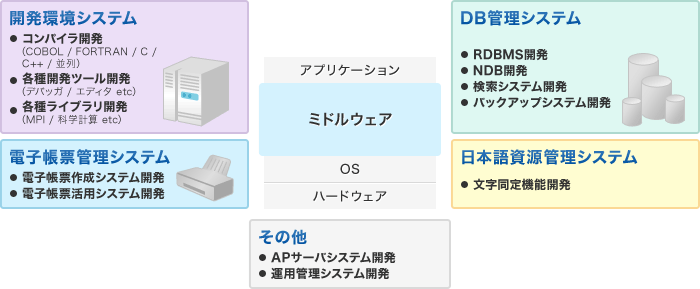 開発環境システム：コンパイラ開発（COBOL/FORTRAN/C/C++/並列）、各種開発ツール開発（デバッガ/エディタ etc）、各種ライブラリ開発（MPI/科学計算 etc）　電子帳票管理システム：電子帳票作成システム開発、電子帳票活用システム開発　DB管理システム：RDBMS開発、NDB開発、検索システム開発、バックアップシステム開発　日本語資源管理システム：文字同定機能開発　その他：APサーバシステム開発、運用管理システム開発