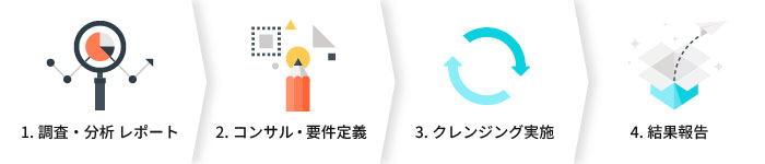 1.調査・分析レポート、2.コンサル・要件定義、3.クレンジング実施、4.結果報告