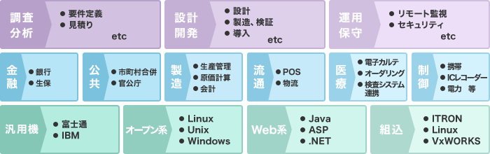 調査・分析（要件定義、見積り etc）、設計・開発（設計、製造・検証、導入 etc）、運用・保守（リモート監視、セキュリティ etc）、金融（銀行、生保）公共（市町村合併、官公庁）、製造（生産管理、原価計算、会計）、流通（POS、物流）、医療（電子カルテ、オーダリング、検査システム連携）制御（携帯、ICレコーダー、電力 等）、汎用機（富士通、IBM）、オープン系（Linux、Unix、Windows）、Web系（Java、ASP、.NET）、組込（ITRON、Linux、VxWORKS）