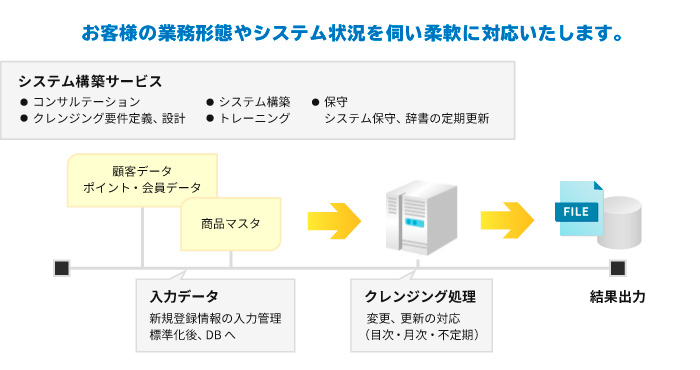 お客様の業務形態やシステム状況を伺い柔軟に対応致します。　システム構築サービス：コンサルテーション/クレンジング要件定義、設計/システム構築/トレーニング/保守/システム保守/辞書の定期更新　各種辞書：telRESS（全国電話帳データベース）/JDICS（全国市外・市内局番住所辞書）/NDICS（姓名辞書）　お客さまの保有する顧客データ・ポイント・会員データなどの入力データ（新規登録情報の入力管理。標準化後、DBへ）を商品マスタとともに、クレンジング処理（変更、更新の対応。目次・月次・不定期）し結果を出力することができます。メトロは各種辞書を定期更新しており、最新の辞書を提供します。