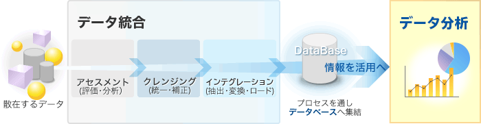 散在するデータをETL（Extract Transform Load：データ統合）にかけると、アセスメント（評価・分析）、クレンジング（統一・補正）、ETL（抽出・変換・ロード）のデータ統合プロセスを経てデータベースにデータが集結する。そしてその情報をBI（Business Intelligence：ビジネスインテリジェンス）やCRM（Customer Relationship Management：顧客関係管理）に活用していく。